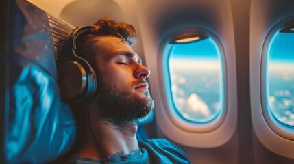 Young Man Relaxing with Closed Eyes During Airplane Journey - obrazy, fototapety, plakaty