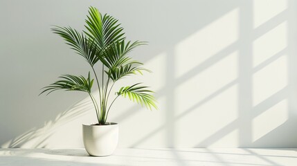 Clean White Wall with Shadow of Tropical Palm Botany Leaf Pattern