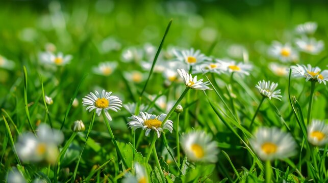 Daisies in Bloom on a Lush Green Lawn. Generative ai