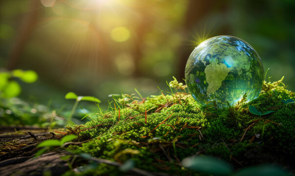 Glass crystal ball globe of planet earth lies on green grass in sunny forest, concept for eco, nature, environment, environmental protection and conservation concept