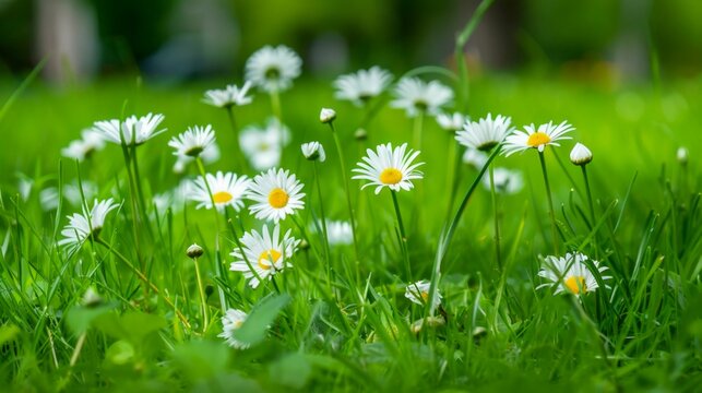 Daisies in Bloom on a Lush Green Lawn. Generative ai