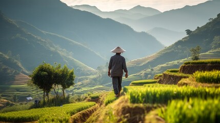 Rear View of a Vietnamese Farmer Man strolling along rice terraces against the backdrop of high Mountains and the Sky at Sunset. Agriculture, Organic food concepts.