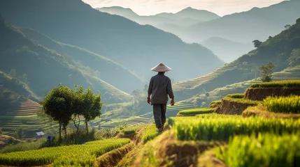 Fotobehang Rear View of a Vietnamese Farmer Man strolling along rice terraces against the backdrop of high Mountains and the Sky at Sunset. Agriculture, Organic food concepts. © liliyabatyrova