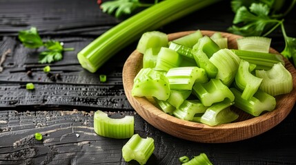 Capturing the Freshness of Celery Slices on the Timeless Beauty of a Wood Background