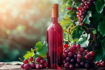 Obraz premium A bottle of wine on a background of grapes. Mockup.