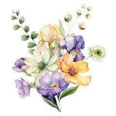 Watercolor flowers bouquet with colorful leaves branches wildflowers illustration elements - 757270054