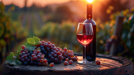 Wine bottle and glass with red wine on barrel in vineyard at sunset, with grapes in the foreground.