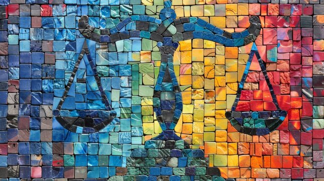 Justice symbols mosaic, diverse icons forming a larger image of scales, community justice