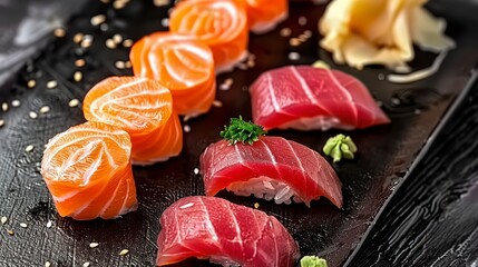Exquisite Close-Up of Raw Salmon and Tuna Fillets, Neatly Rolled and Displayed on a Dark Plate