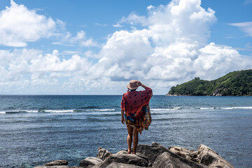 panoramic view of the sea bays and beaches on a sunny day of the Seychelles islands