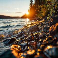 Rocky shoreline on a freshwater lake at sunset