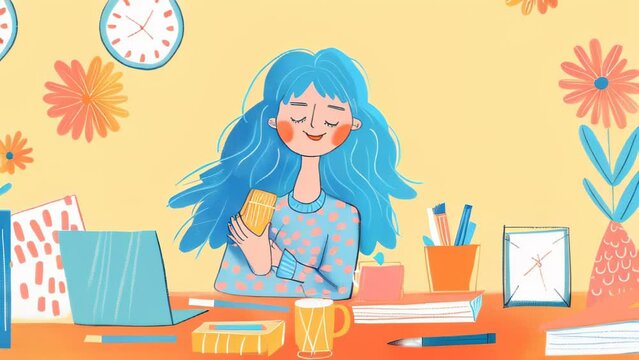 Against a bright orange background, a woman with blue hair enjoys an ice cream, with notebooks and stationery scattered on the desk.
