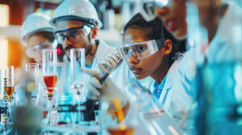 Poster an editorial photo of lots of diverse experts from different engineering backgrounds working togethe