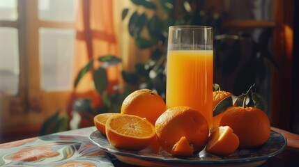 an orange juice is sitting atop a tray with oranges, in the style of retro vintage, raw materials - Powered by Adobe