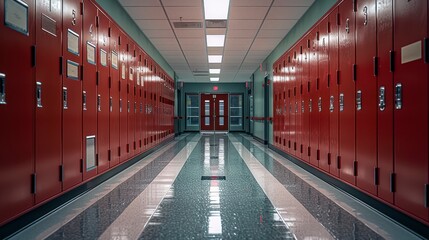 Lockers and Lessons - High school hallway with lockers. Education, classroom entrance