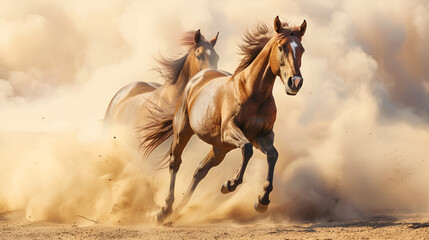 Majestic Horses with Long Mane: Stunning Portrait of Equine Beauty Running and Galloping in Desert Landscape, Graceful Stallions in Motion, Wild Horse Photography, Generative Ai

