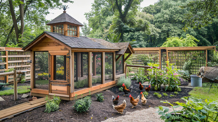 Showcases a small wooden chicken coop