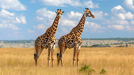 Giraffes in the African Savannah: Majestic Wildlife in Serengeti Nation, Wild Giraffe Herd Grazing in Natural Habitat, African Safari Adventure, Safari Landscape Scene, Generative Ai

