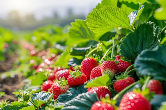 Growing strawberry harvest and producing vegetables cultivation. Concept of small eco green business organic farming gardening and healthy food	
