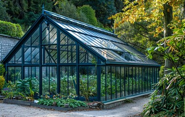 Elegant Garden Greenhouse in Lush Backyard. Generative ai