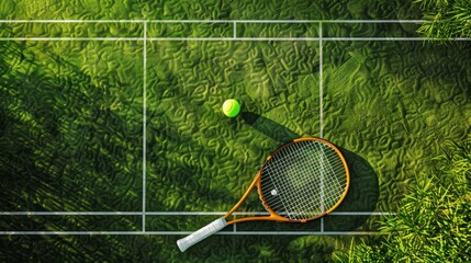 A Bird's Eye Perspective of a Tennis Arena, Adorned with a Racket and Ball in Daylight