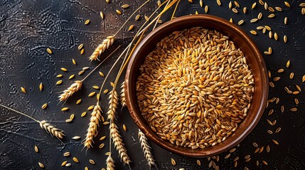 A Top-Down Perspective of Ripe Barley Grains Nestled in a Bowl Against a Dark Backdrop