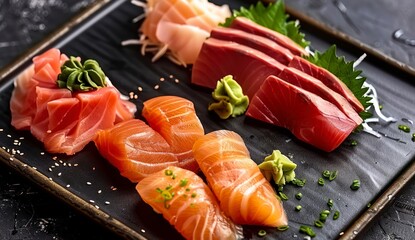 Delicate Rolls of Fresh Salmon and Tuna, Artfully Arranged on a Black Plate