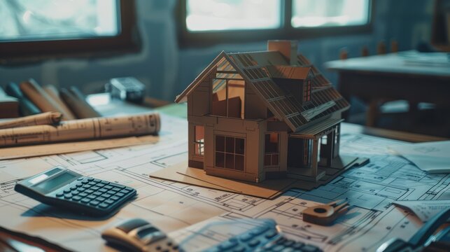 Architectural photo of a house model on the top of blueprints and a calculator,