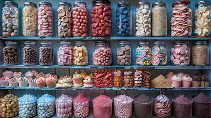 Assorted colorful candies in glass jars on shelves, showcasing sweets and treats in a candy shop.