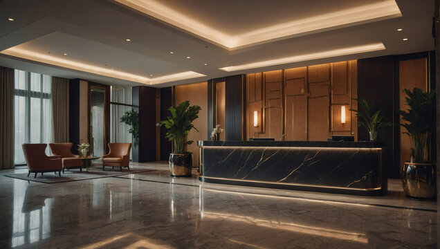 A luxurious hotel lobby with a reception desk and a relaxing zone, showcasing a modern design concept for an inviting arrival experience.