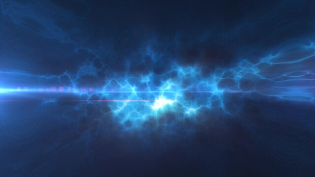 Blue energy glowing magic waves and electric lightning charges high-tech digital iridescent liquid plasma with light rays lines and energy particles. Abstract background. Video in high quality 4k