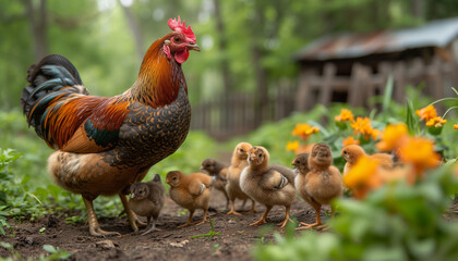 Fototapeta premium A group of small chickens with mother chicken grazing on forest farm, wood house on background. Ecology, eco meat