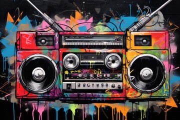 Colorful graffiti boombox mural on wall
