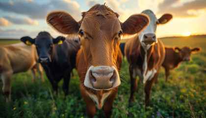 A group of cows portrait grazing in a meadow. Ecology, farm, eco meat - obrazy, fototapety, plakaty