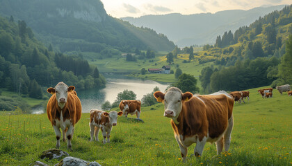 Fototapeta na wymiar A group of cows grazing in a meadow with mountains and lake. Ecology, farm on field, eco meat