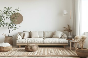 Modern laconic minimalist living room interior in neutral beige colors, with a cozy light sofa, pillows and white empty walls with copyspace