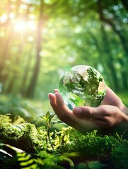 Hands holding globe glass In green forest - Earth day, environment concept