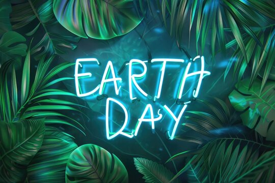 A striking neon sign that reads Earth day encircled by dark green tropical leaves