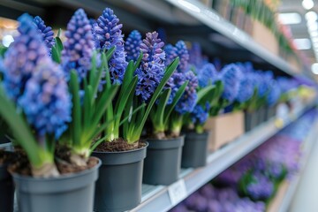 Many blue violet flowering hyacinths in pots are displayed on shelf in floristic store or at street market.