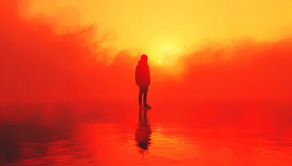 A silhouette against a misty, fiery backdrop evokes a feeling of introspection and the profound solitude of being.