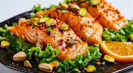 The Artful Pairing of Salmon with Crunchy Pistachios, Sweet Orange, and Fresh Lettuce