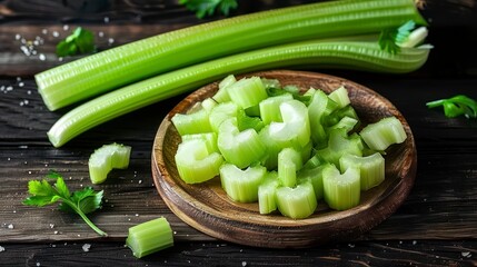 Close-Up on Sliced Fresh Celery Arranged Neatly on a Wooden Surface