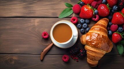 Start your day right with croissant, coffee, and fresh fruits - copy space included