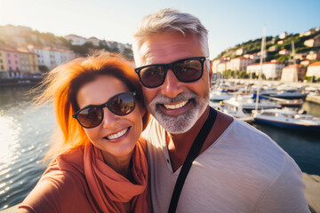 Happy senior couple in love taking selfie in the coast. Traveling together or having fun on vacation.