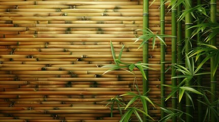 The Calm Beauty of Green Bamboo Leaves Against a Woven Bamboo Wall