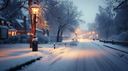 The Captivating Journey Along a Snowy Winter Street, Guided by the Light of a Street Lamp