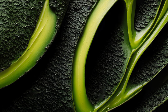 An abstract art background wallpaper image of an avocado peel, showing the rough texture and the dark green color