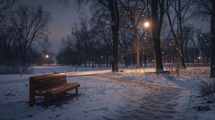 Beneath the Winter Sky - A City Park's Wooden Bench Basking in the Gentle Glow of Nightfall Lights