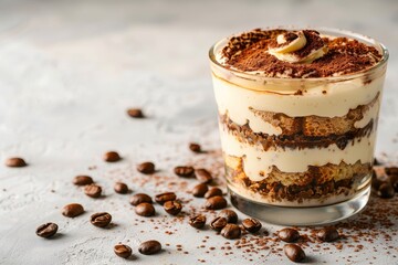 Delicious tiramisu in glass and scattered coffee beans on light table, space for text