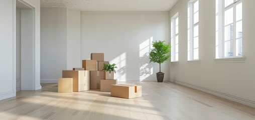The Interior of a New House Awaits, with Its Unpacked Boxes and Bright, Spacious Living Room